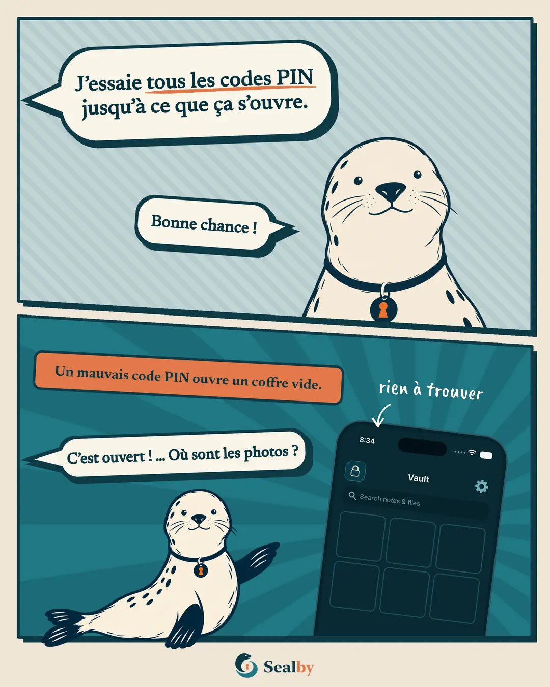 BD en deux cases avec le phoque Sealby. En haut, quelqu'un hors champ dit : « J'essaie tous les codes PIN jusqu'à ce que ça s'ouvre. » Le phoque sourit, serein : « Bonne chance ! » En bas, l'étiquette : « Un mauvais code PIN ouvre un coffre vide. » Le téléphone montre un coffre vide et la personne demande : « C'est ouvert ! … Où sont les photos ? » Écrit à la main : rien à trouver.
