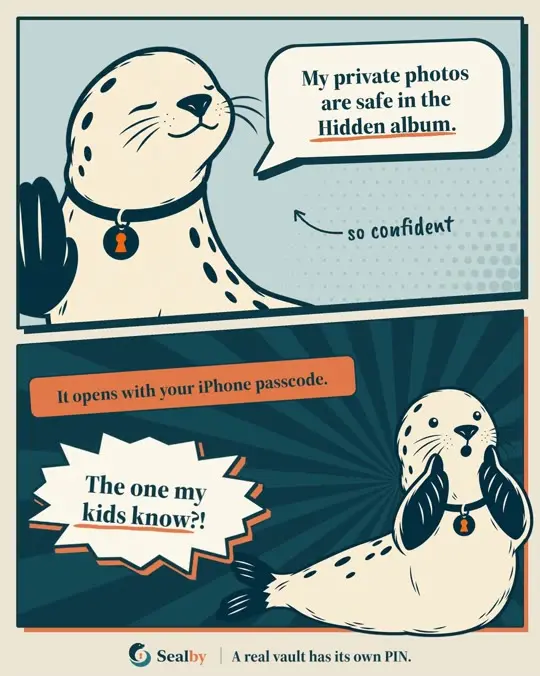 Sealby comic about the Hidden album opening with an iPhone passcode that the children already know.