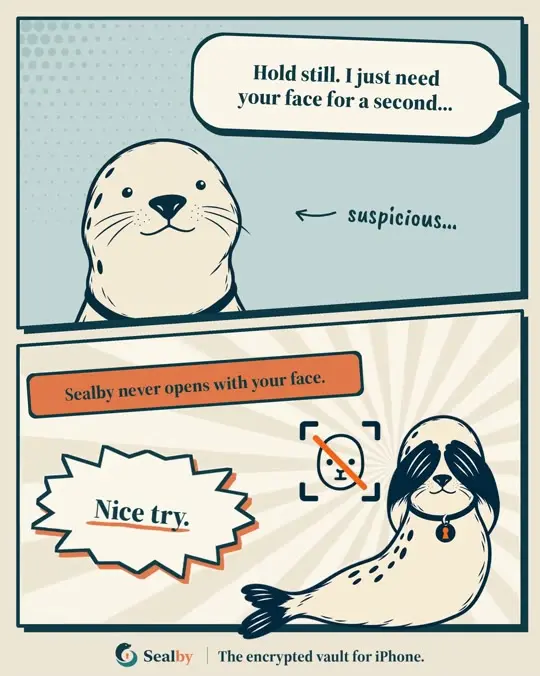 Sealby comic contrasting Face ID with a vault opened using a PIN, pattern or passphrase.