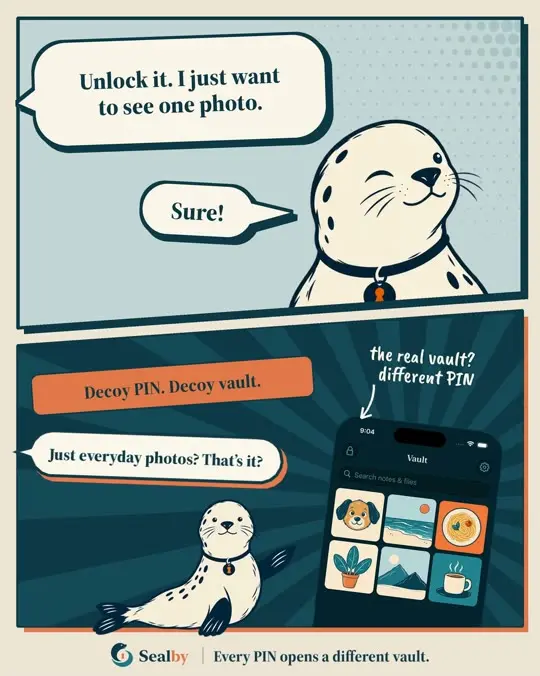Sealby comic showing a decoy PIN opening harmless photos while another PIN opens a different vault.