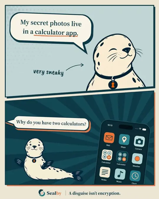 Sealby comic about two calculator icons giving away a disguised photo vault.