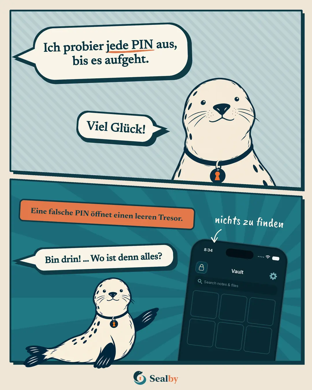 Comic in zwei Bildern mit der Robbe Sealby. Oben sagt jemand außerhalb des Bildes: „Ich probier jede PIN aus, bis es aufgeht.“ Die Robbe lächelt ruhig: „Viel Glück!“ Unten das Etikett: „Eine falsche PIN öffnet einen leeren Tresor.“ Das Handy zeigt einen leeren Tresor, und die Person fragt: „Bin drin! … Wo ist denn alles?“ Handschriftlich: nichts zu finden.