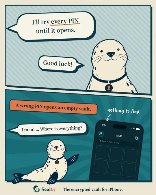 Sealby comic showing a wrong PIN opening an empty vault rather than an error message.