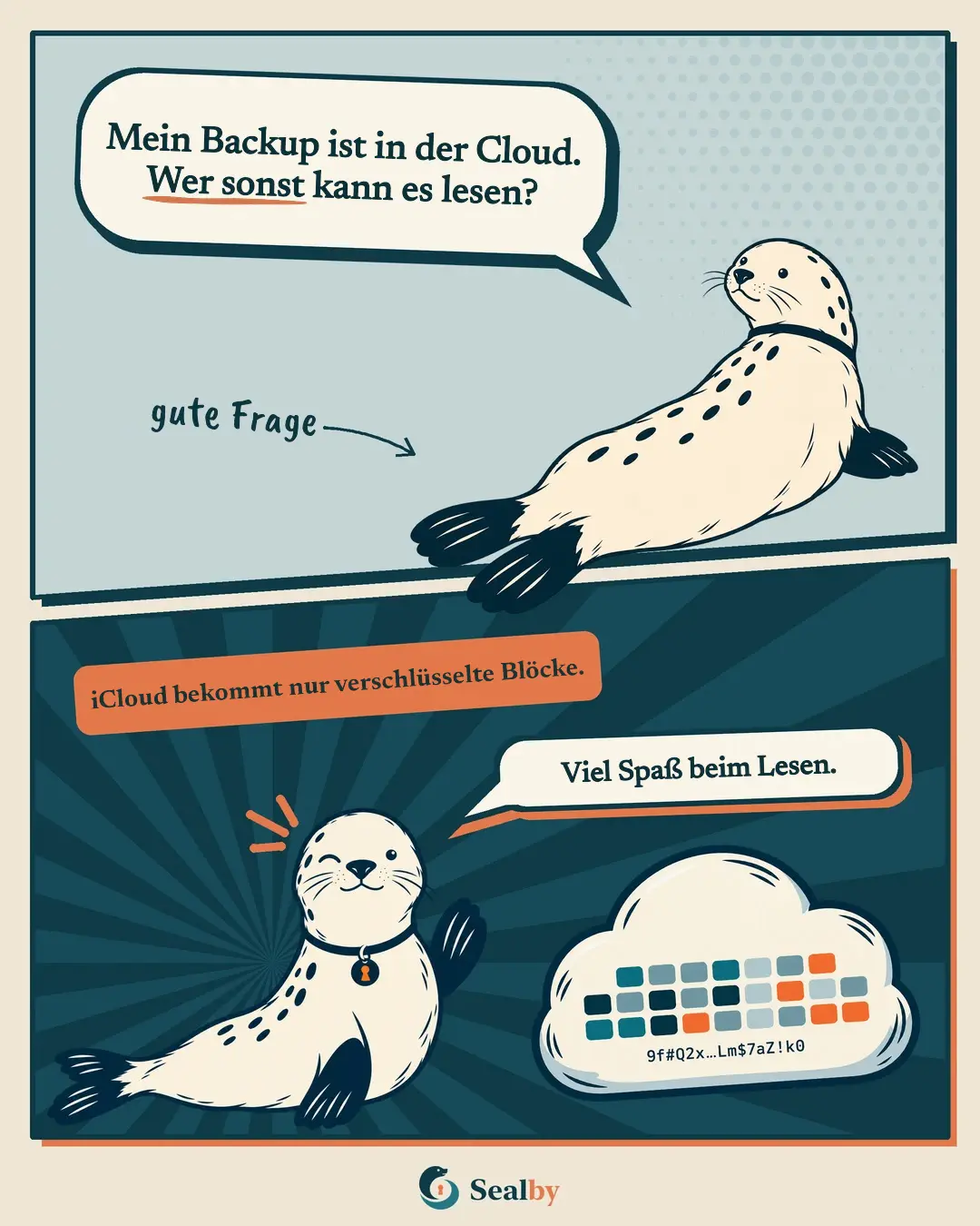 Comic in zwei Bildern mit der Robbe Sealby. Oben fragt die Robbe: „Mein Backup ist in der Cloud. Wer sonst kann es lesen?“ Handschriftlich: gute Frage. Unten das Etikett: „iCloud bekommt nur verschlüsselte Blöcke.“ In einer Wolke sind bunte Blöcke und unlesbare Zeichen. Die Robbe zwinkert: „Viel Spaß beim Lesen.“