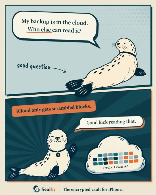 Two-panel comic. A seal lying on its belly asks: "My backup is in the cloud. Who else can read it?" A handwritten note says "good question". Below, a label reads "iCloud only gets scrambled blocks." The seal winks and says "Good luck reading that." next to a cloud full of scrambled colored blocks and random characters.