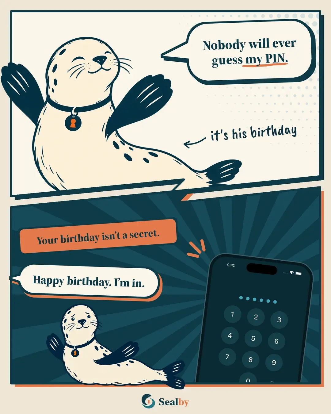 Sealby comic about a birthday being an easy-to-guess PIN.
