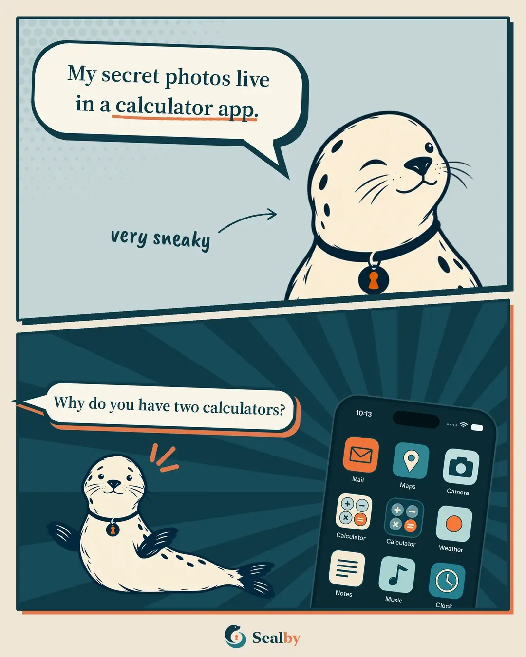 Sealby comic about two calculator icons giving away a disguised photo vault.