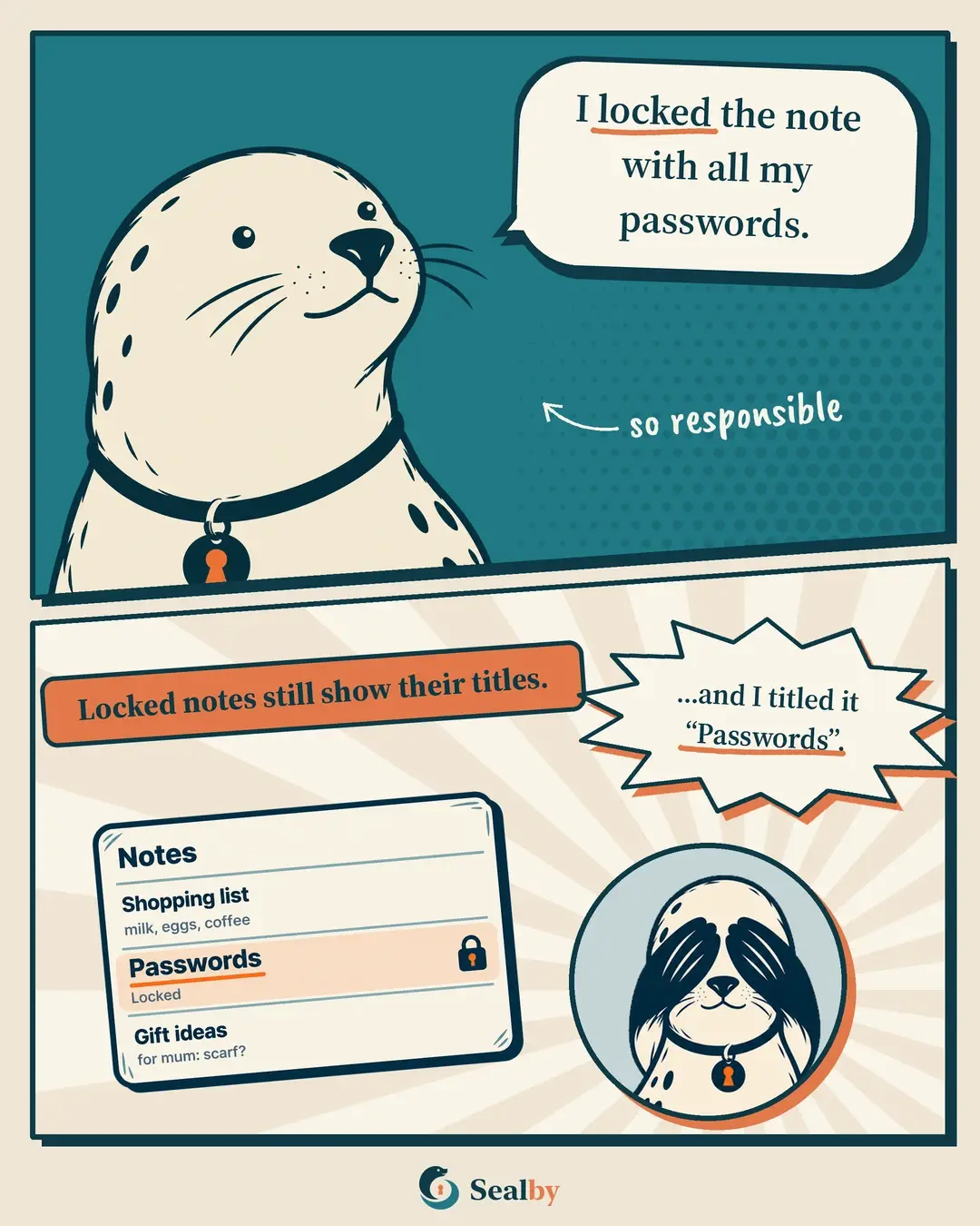 Sealby comic about a locked note whose visible title says Passwords.
