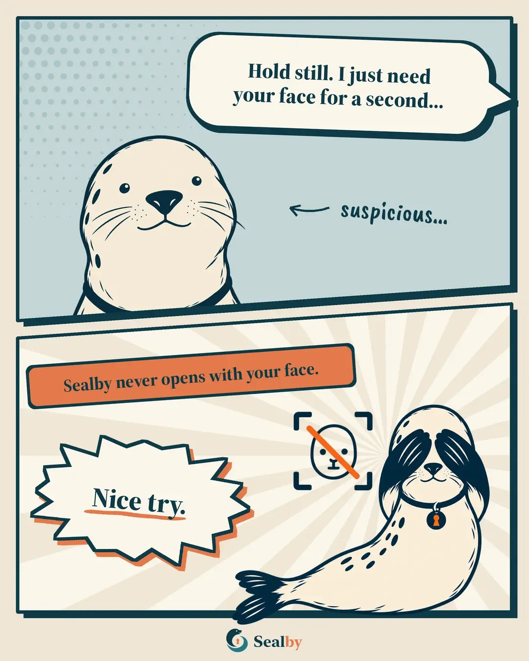 Sealby comic contrasting Face ID with a vault opened using a PIN, pattern or passphrase.