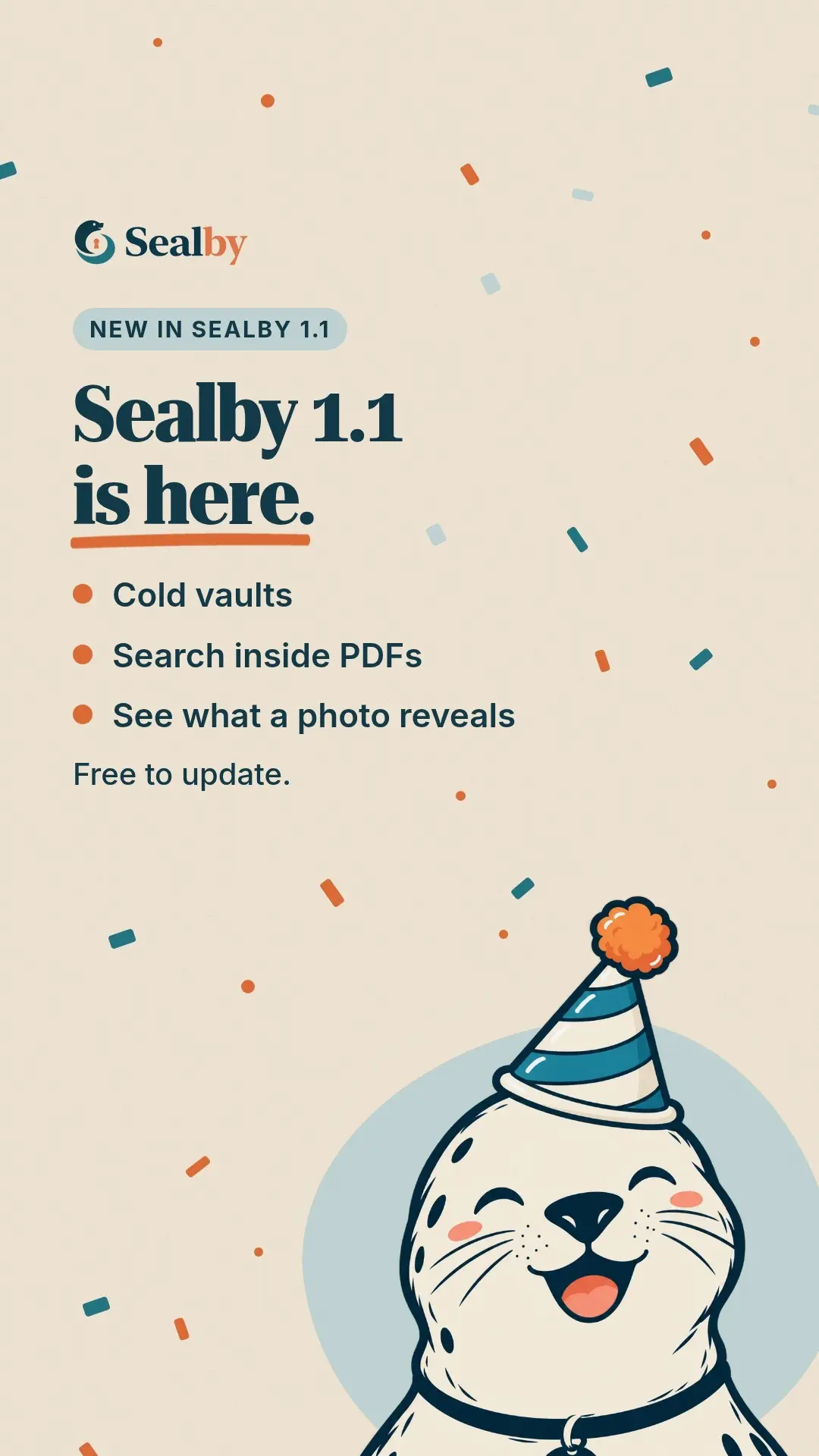Portrait Sealby 1.1 announcement story with the seal mascot and release artwork.
