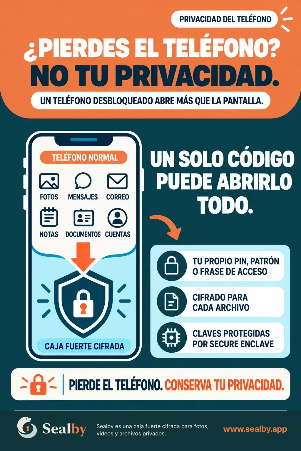Infografía: ¿Pierdes el teléfono? No tu privacidad. Un teléfono desbloqueado abre más que la pantalla: fotos, mensajes, correo, notas, documentos, cuentas. Un solo código puede abrirlo todo. Una caja fuerte cifrada ofrece tu propio PIN, patrón o frase de acceso, cifrado para cada archivo y claves protegidas por Secure Enclave. Pierde el teléfono. Conserva tu privacidad.