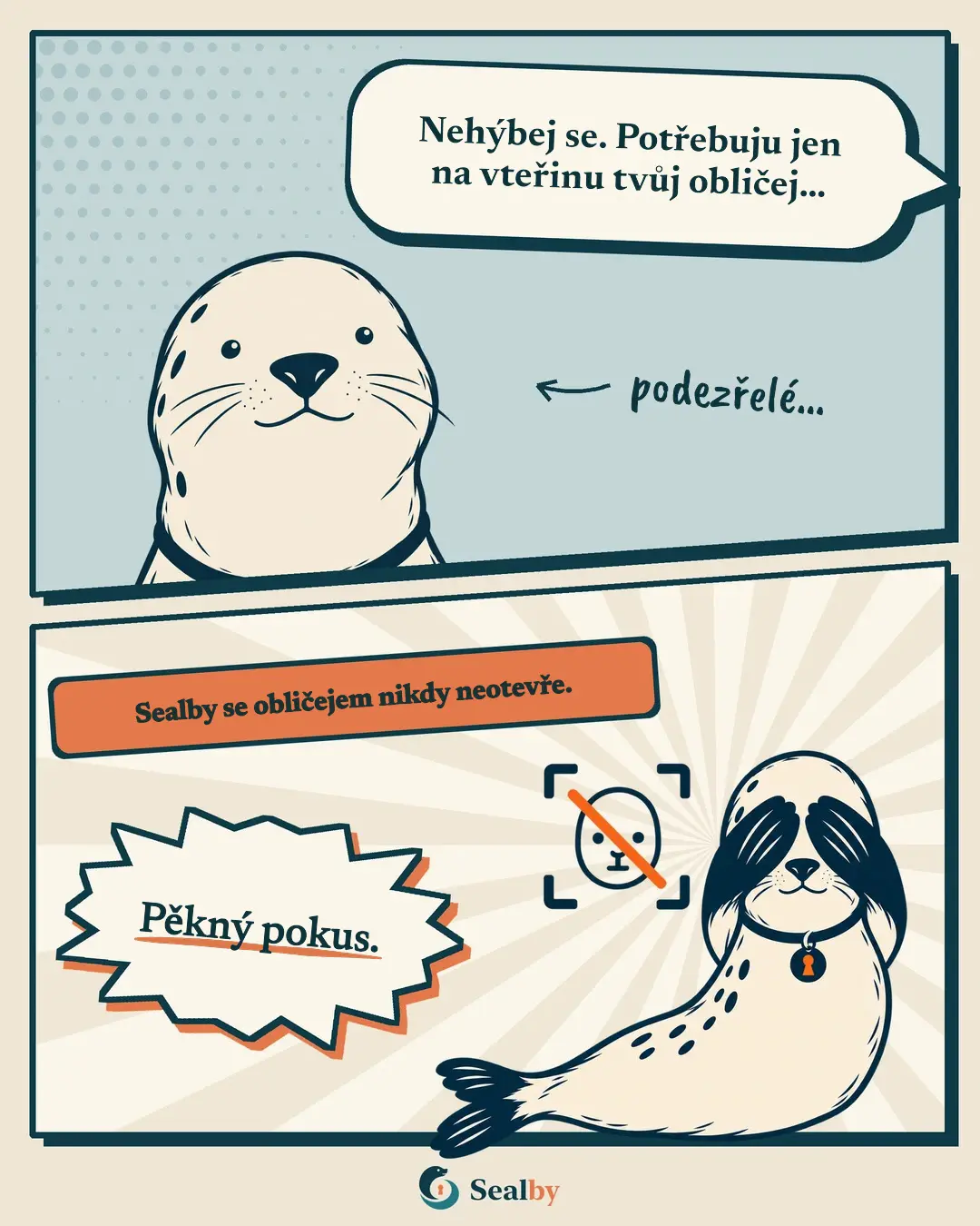 Komiks Sealby porovnávající Face ID s trezorem odemykaným PINem, gestem nebo přístupovou frází.