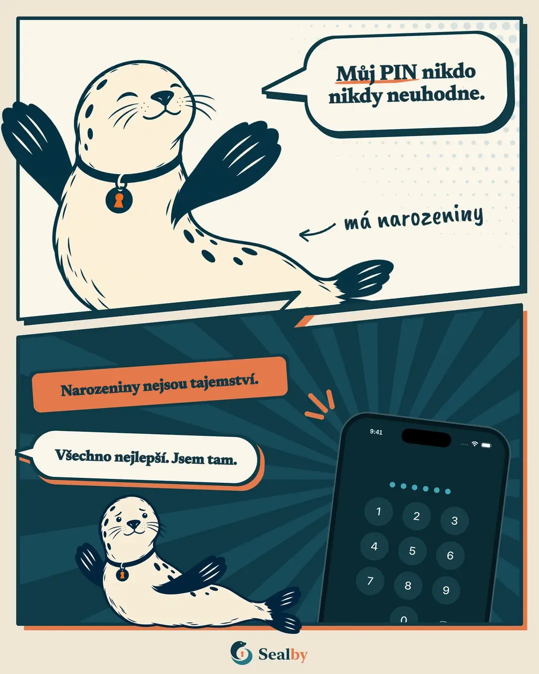 Komiks Sealby o datu narození jako snadno uhodnutelném PINu.