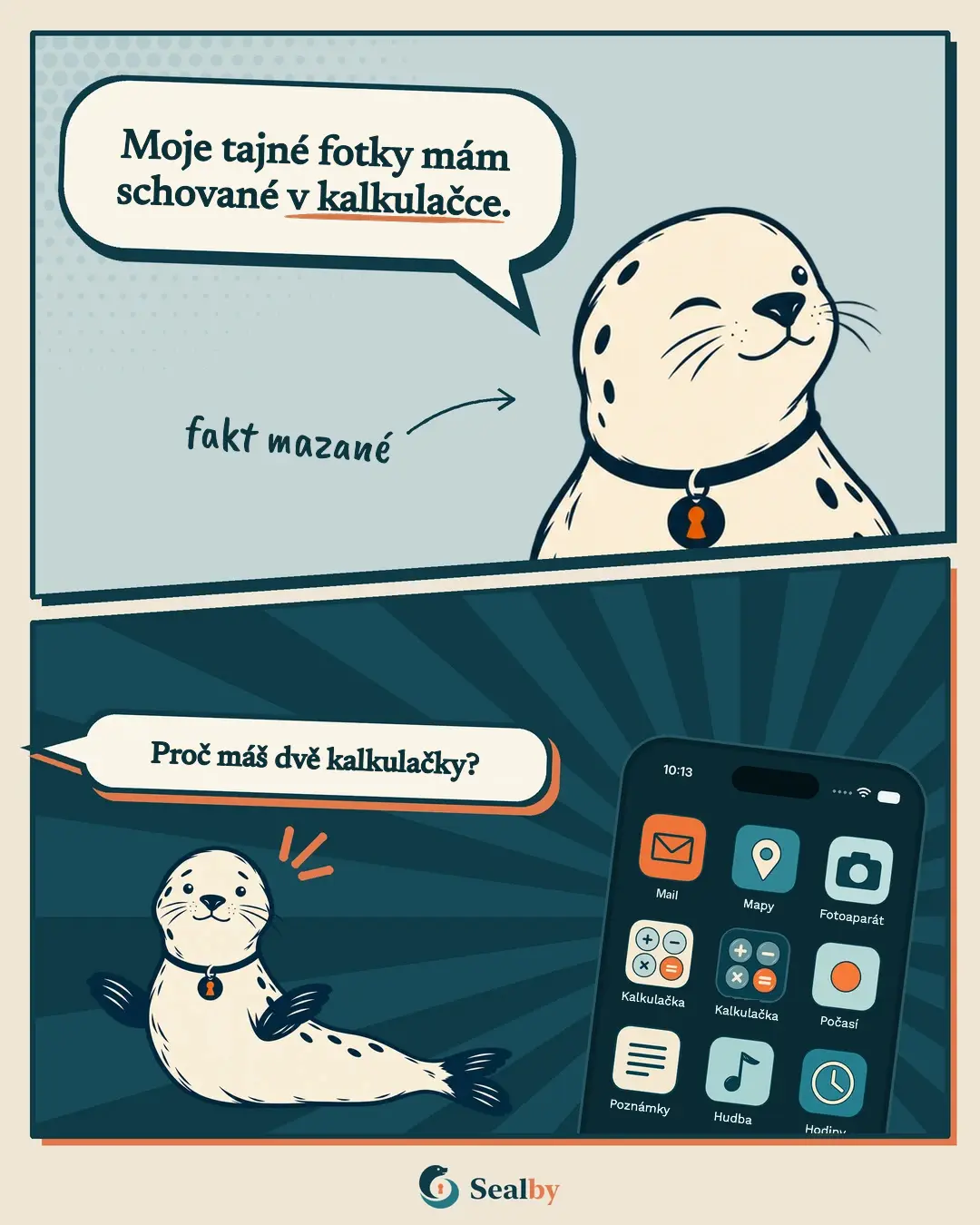 Komiks Sealby o dvou ikonách kalkulačky, které mohou prozradit maskovaný trezor na fotky.