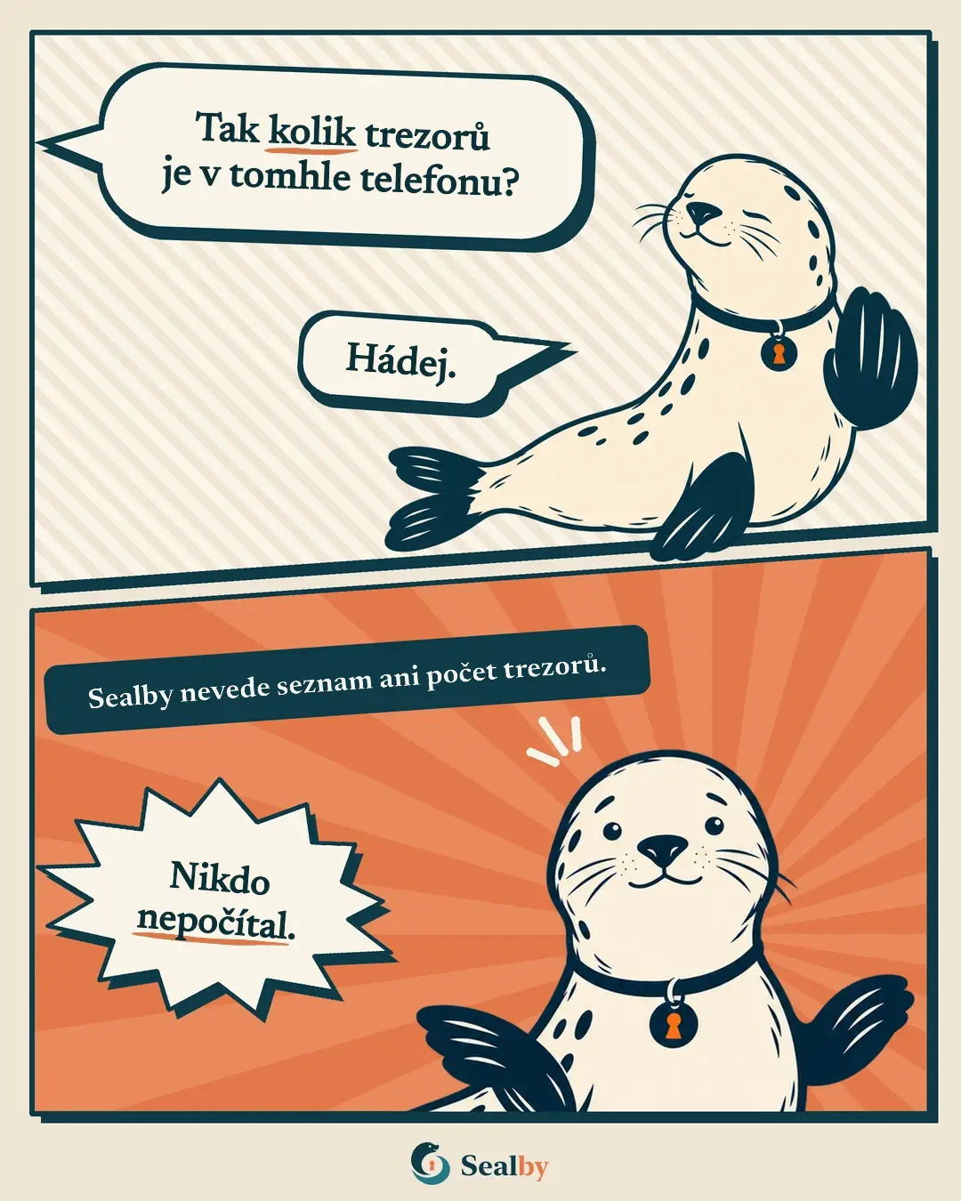 Komiks Sealby o samostatných trezorech bez viditelného seznamu a počtu.