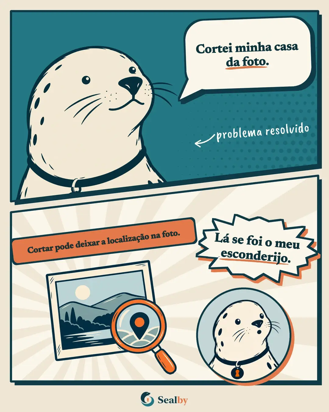 Quadrinho do Sealby mostrando que recortar uma foto pode manter a localização nos metadados.