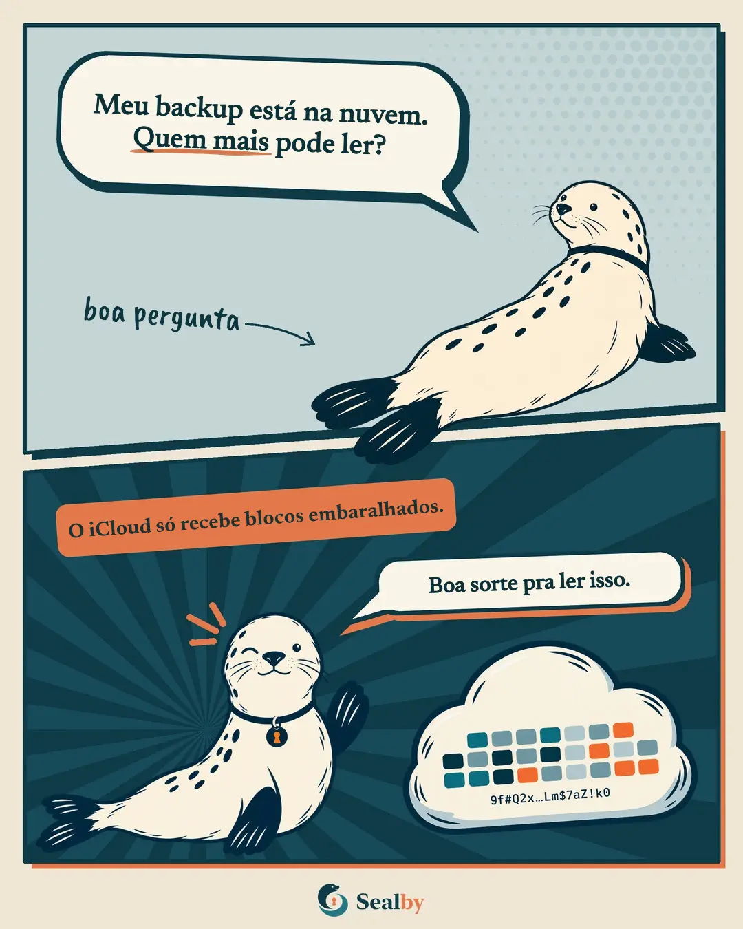 Quadrinho do Sealby mostrando um backup no iCloud como blocos criptografados e embaralhados.
