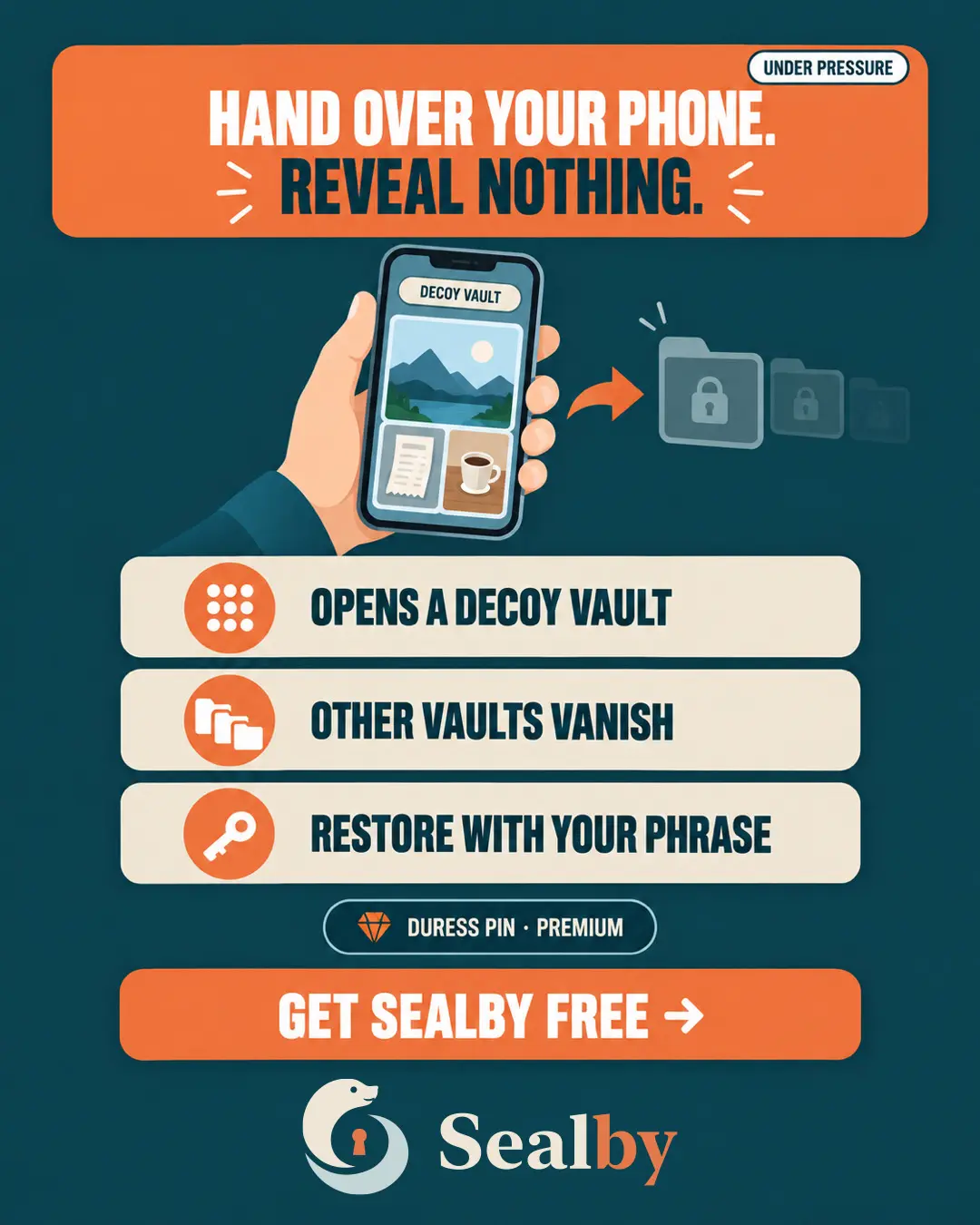 Sealby privacy poster explaining how a duress PIN opens a decoy vault while other private vaults disappear.