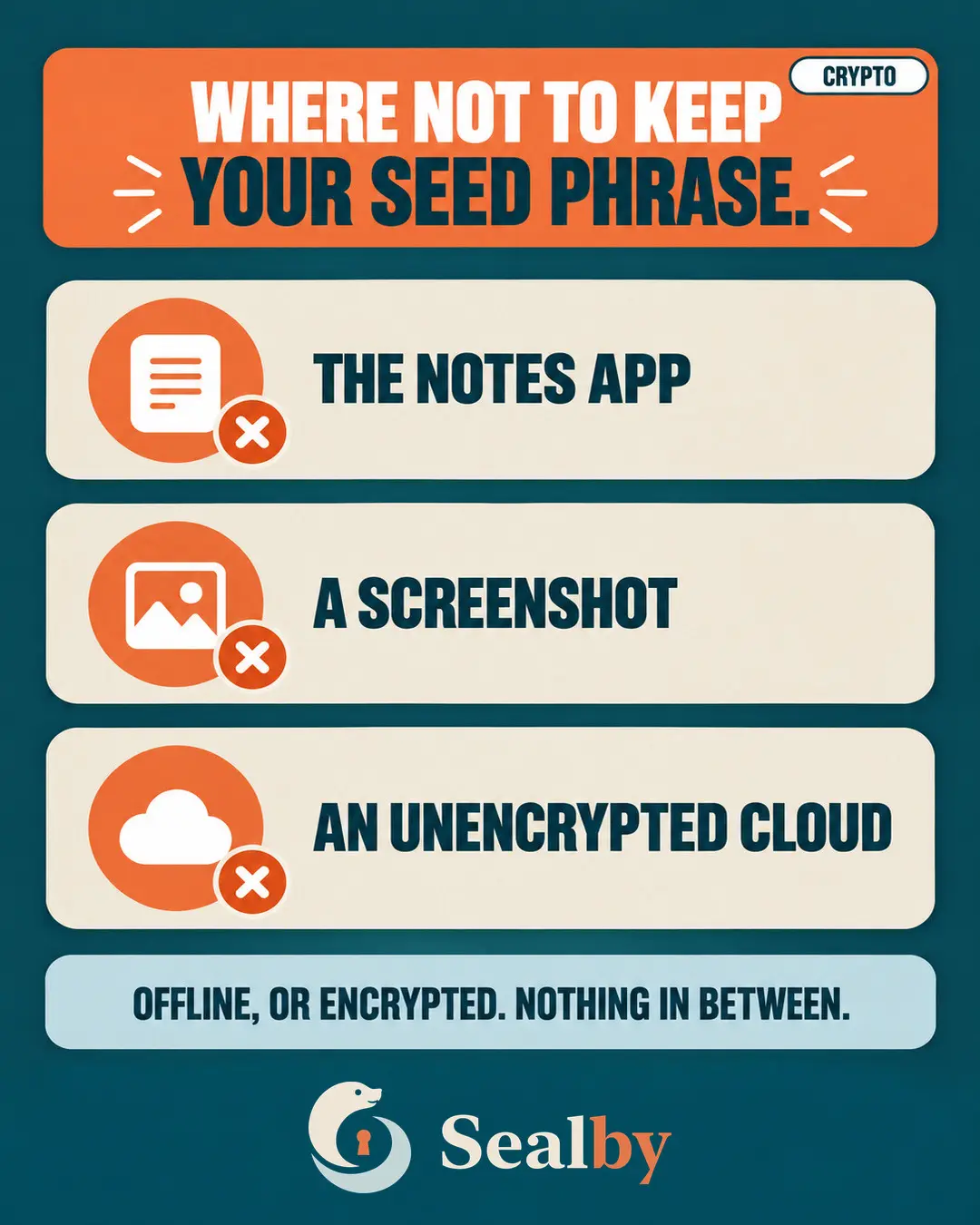 Sealby security poster warning against storing a cryptocurrency seed phrase in an ordinary notes app.