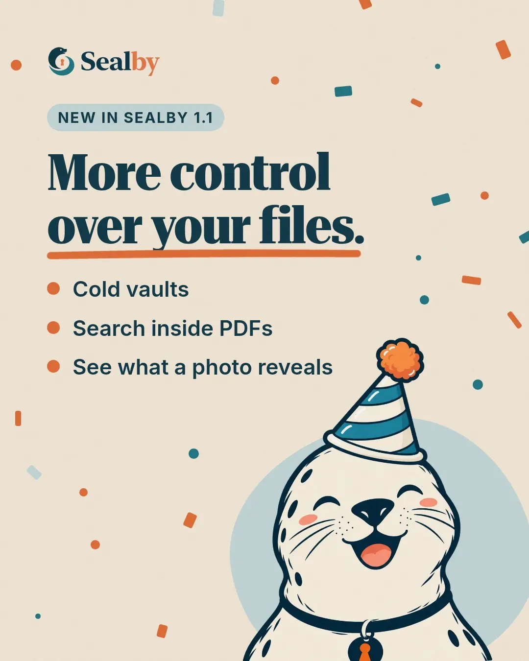 Sealby 1.1 announcement with the seal mascot wearing a party hat, surrounded by confetti.
