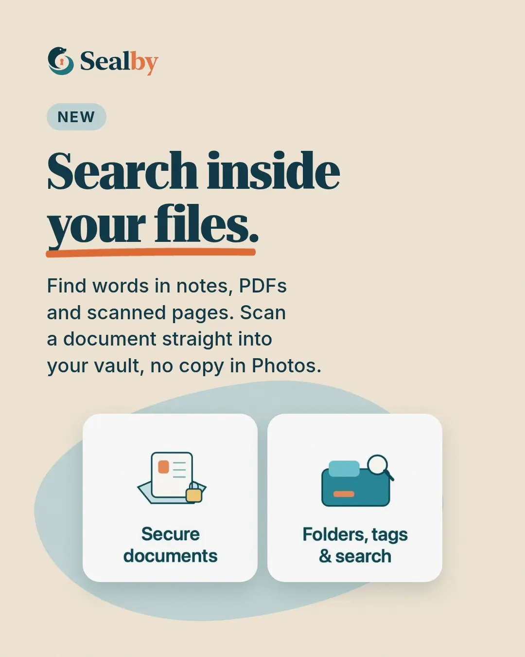 Sealby 1.1 carousel slide with illustrated cards for secure documents and folders, tags and search.