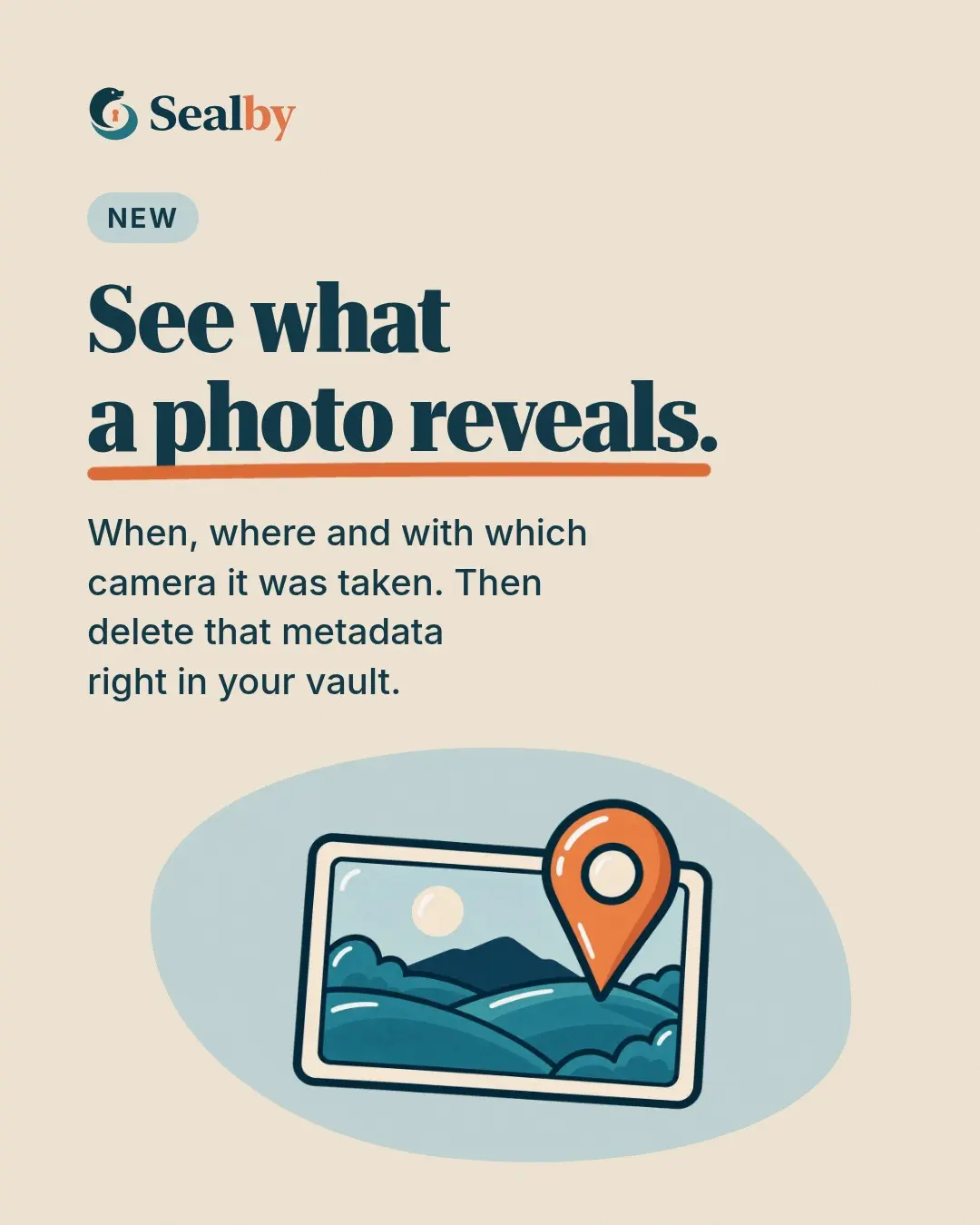 Sealby 1.1 carousel slide about viewing and removing photo metadata, illustrated with a photo and a location pin.