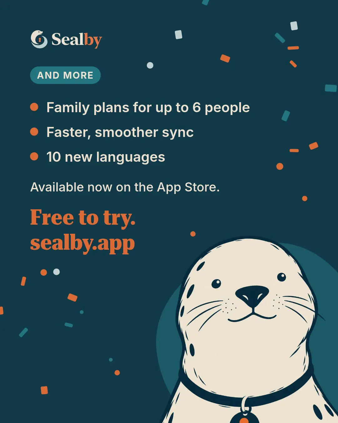 Final Sealby 1.1 carousel slide listing family plans for up to six people, smoother sync and ten new languages, with an invitation to try the app.