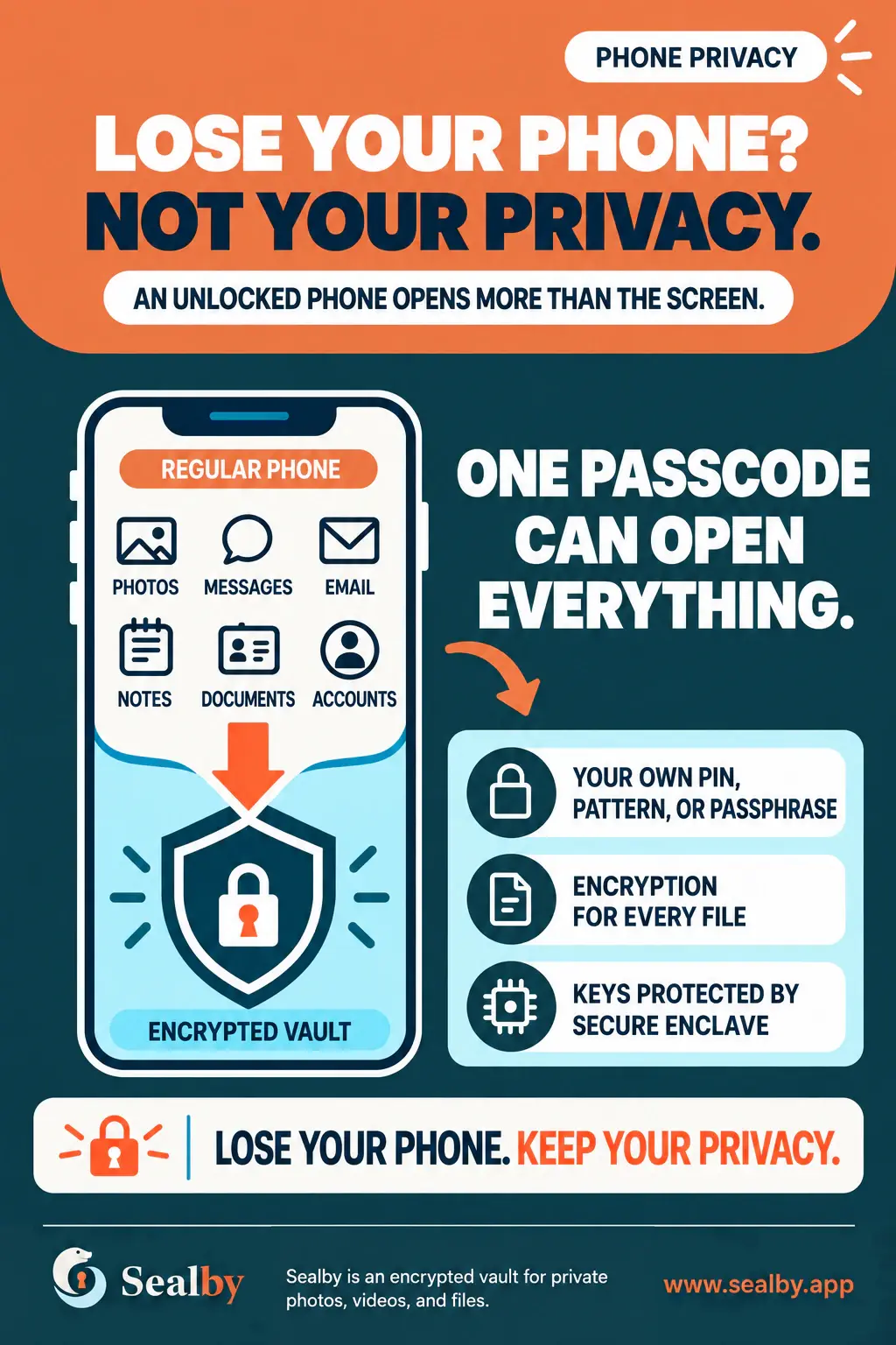 English Sealby poster about recovering encrypted private files after losing a phone.