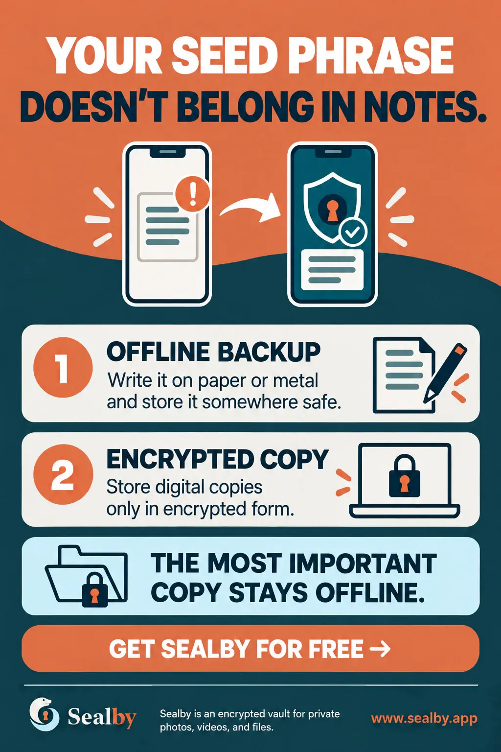 English Sealby security poster warning not to store a wallet seed phrase in an ordinary notes app.