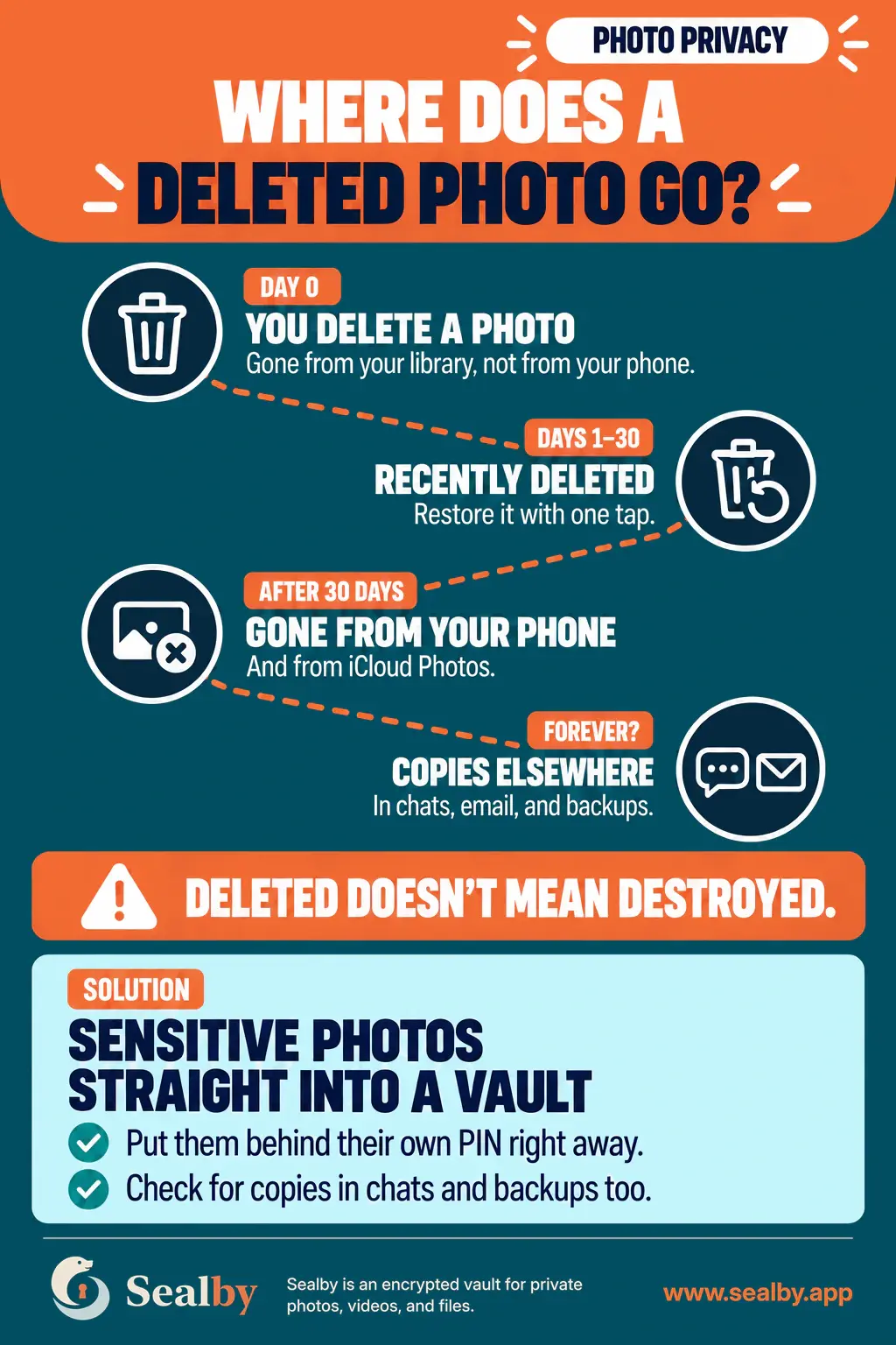 English Sealby photo privacy poster tracing a deleted photo through Recently Deleted, iCloud Photos, chats, email and backups.