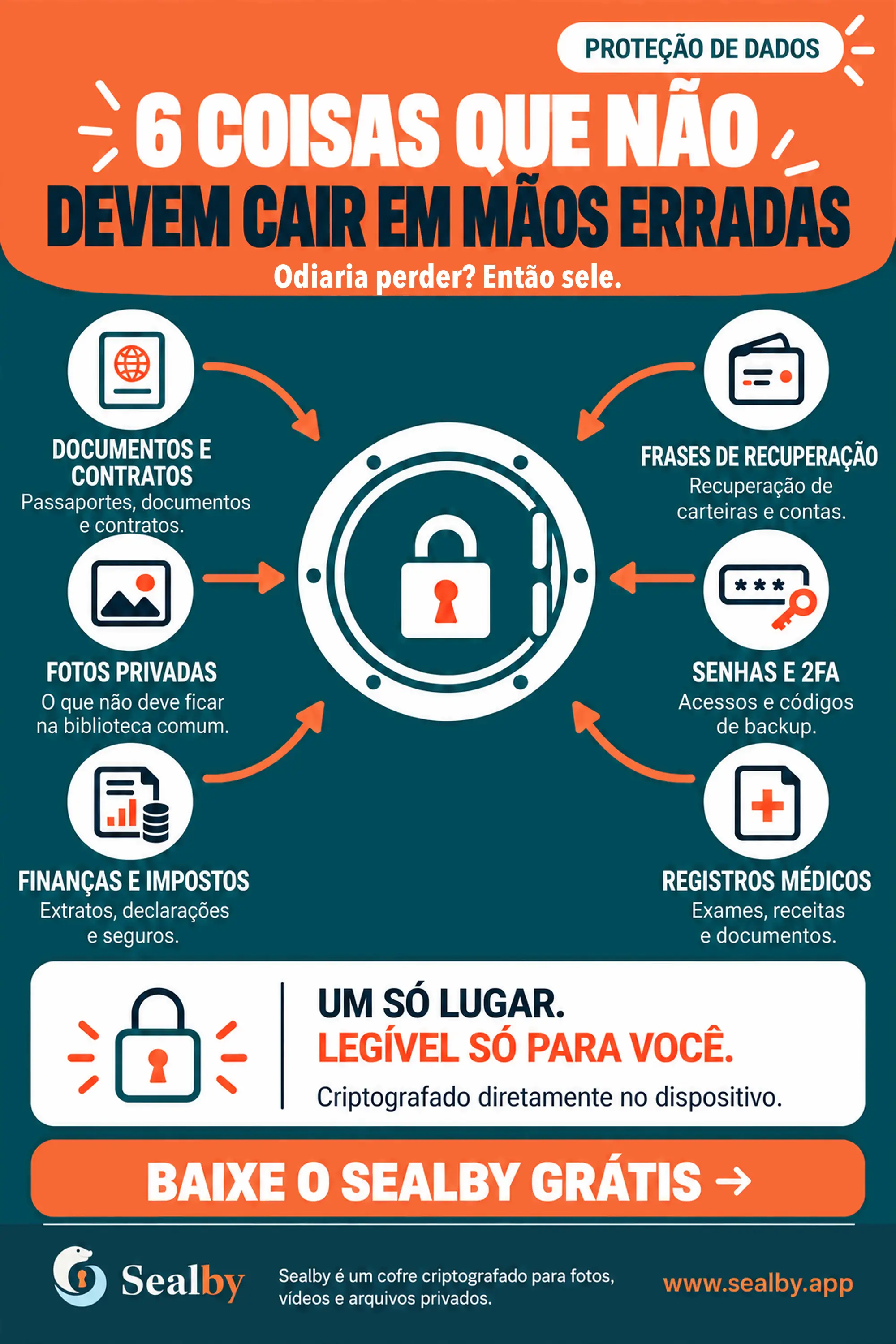 Cartaz brasileiro da Sealby sobre documentos, fotos privadas, finanças, frases de recuperação, senhas e registros médicos.