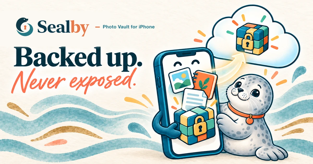 Landscape Sealby encrypted backup artwork showing a phone protecting photos, notes and documents before sending a locked vault to the cloud.