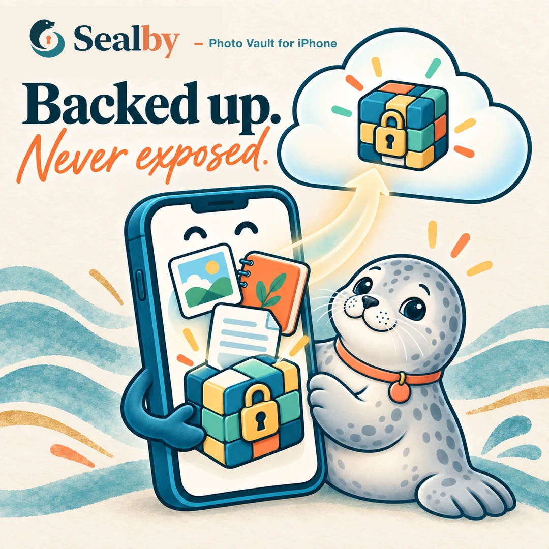 Sealby encrypted backup artwork showing a phone protecting photos, notes and documents before sending a locked vault to the cloud.