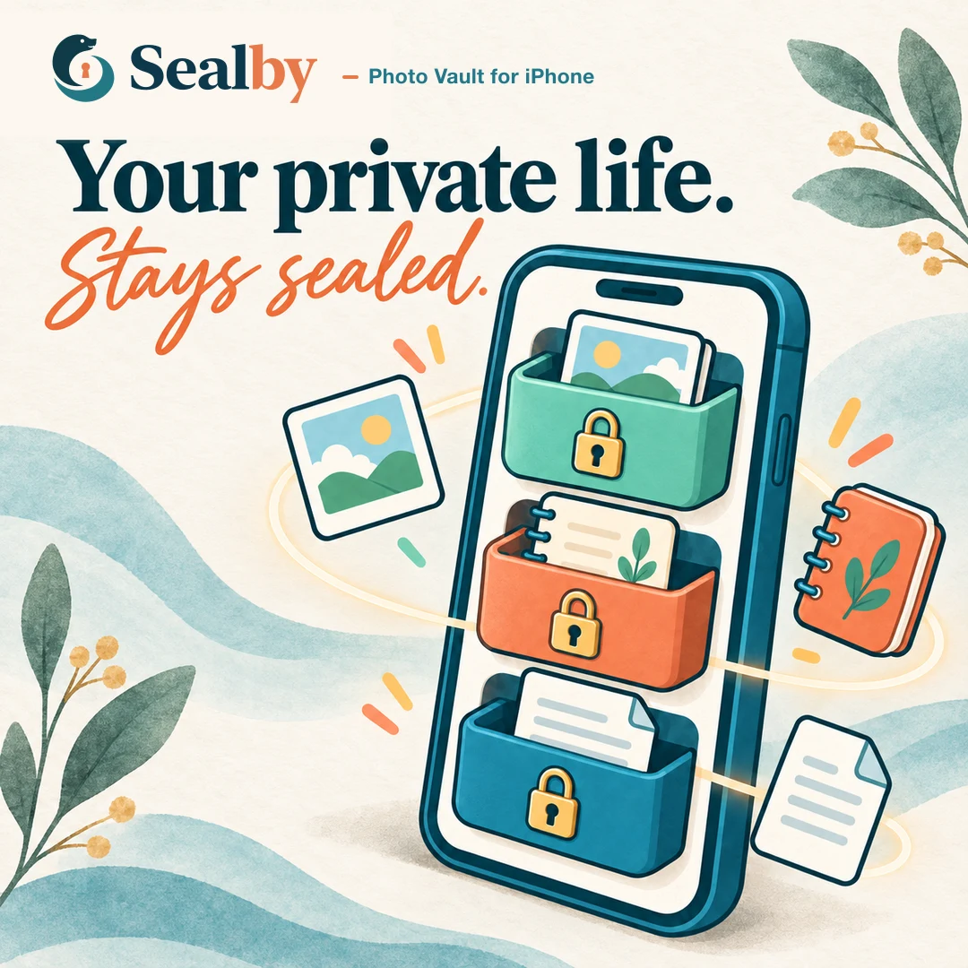 Sealby Photo Vault for iPhone artwork with private photos, notes and files circulating around a phone with three locked vaults.