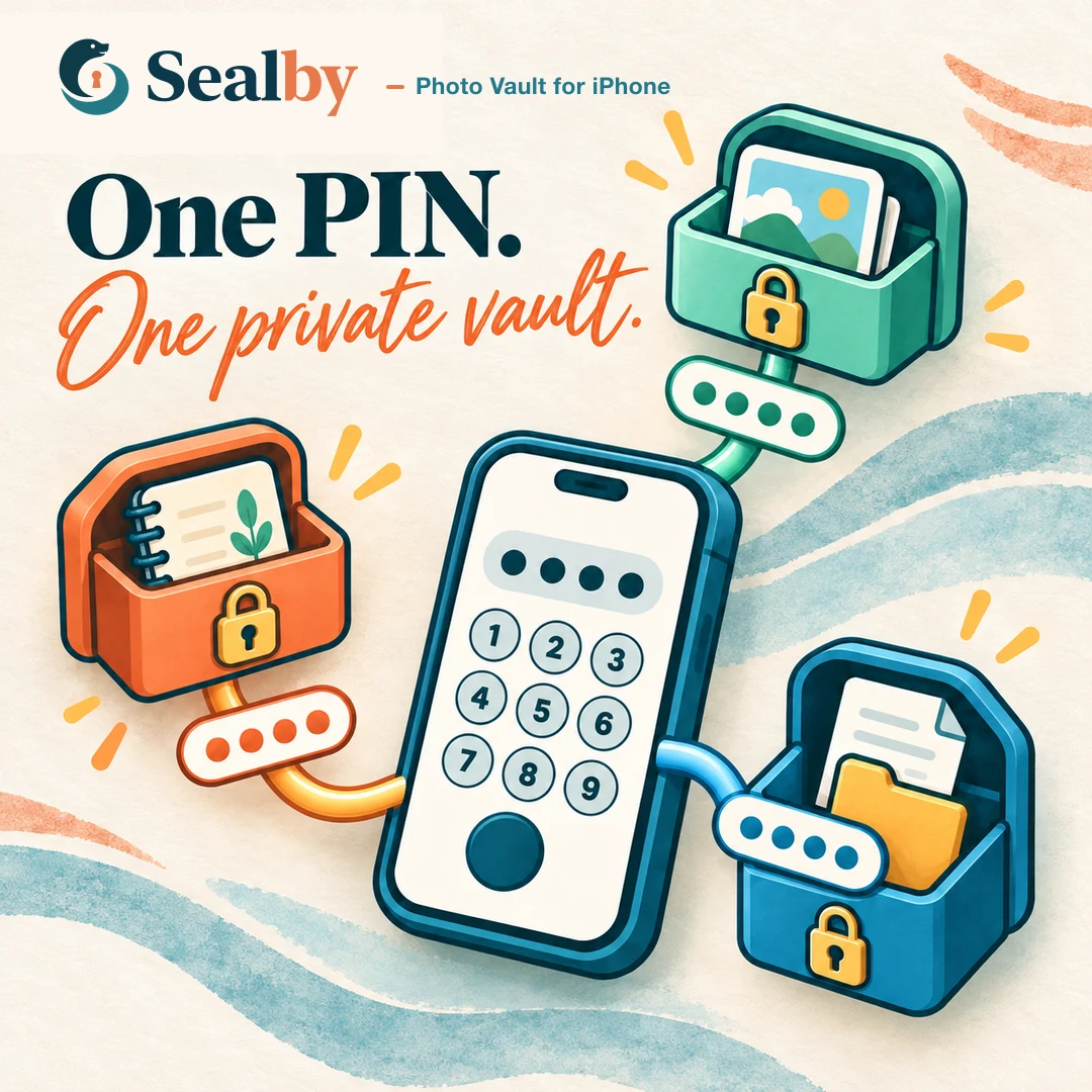 Sealby private vault artwork showing a phone PIN keypad connected to three separately locked vaults.